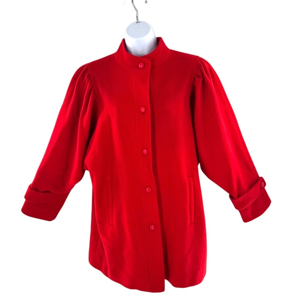 VTG Bright‎ Red Button Front Stand Collar Puffed Shoulder Coat Womens Size Sm/M